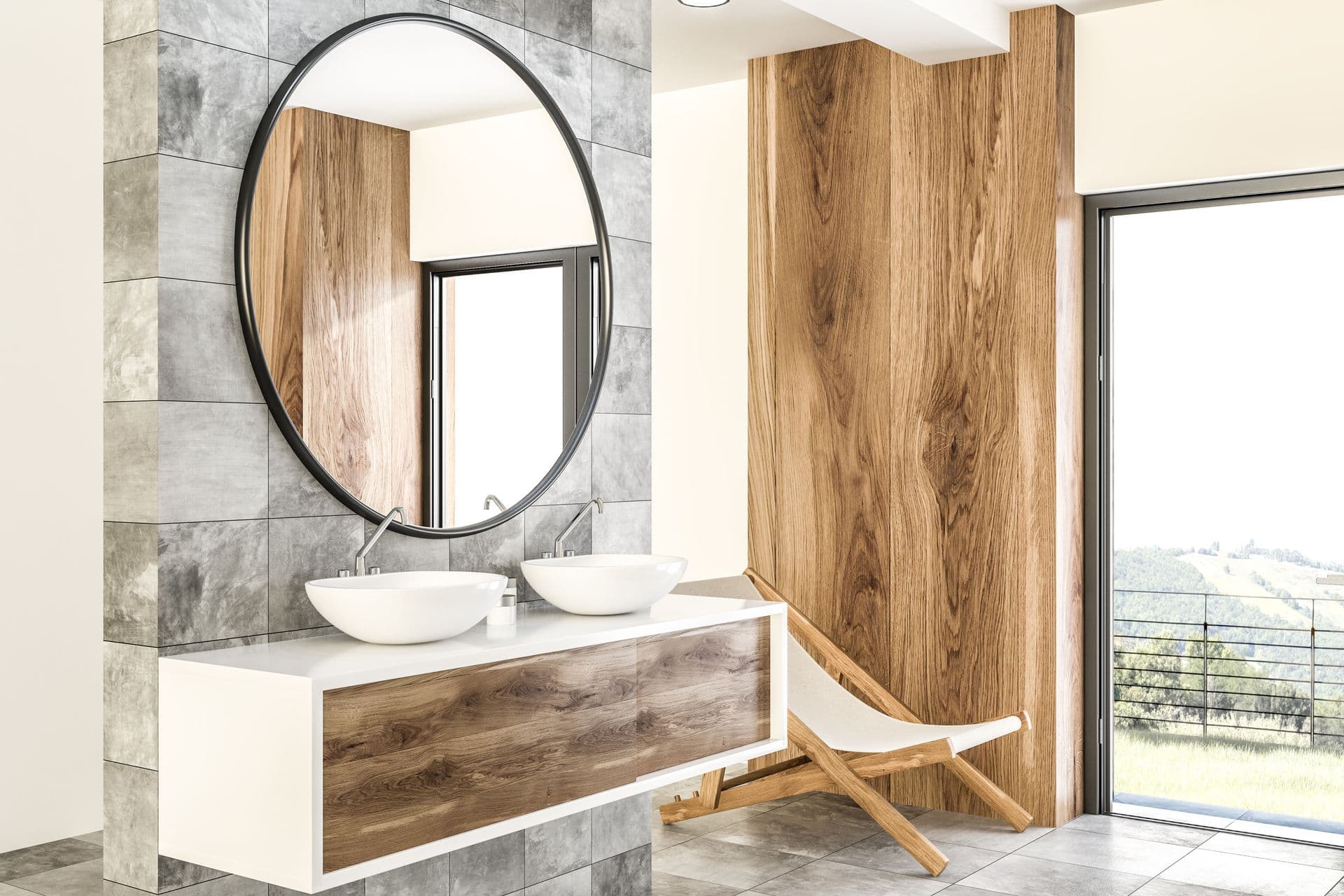 A large custom mirror hanging in a bathroom